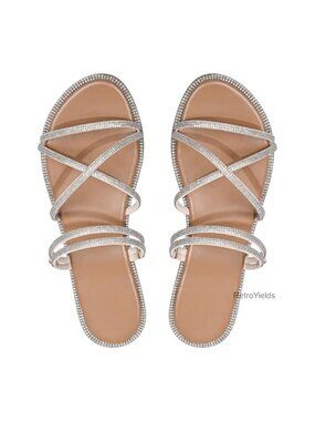 Glitter Rhinestone Criss Cross Strappy Slip On Flat Sandals